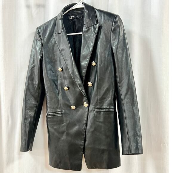 Zara Jackets & Blazers - Zara Faux Leather Long Sleeve Peak Lapel Double-Breasted Coat Black Women's S